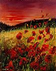 Pol Ledent - Red poppies and sunset painting