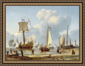 Water Framed Paintings - Ships in Calm Water with Figures by the Shore by Abraham Storck
