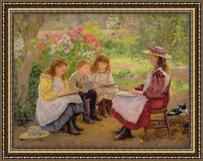 The Garden of Eden Framed Paintings - Lesson in the Garden by Ada Shirley Fox