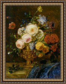 Flowers in a Blue Vase Framed Prints - A Still Life with Flowers in a Golden Vase by Adriana Johanna Haanen