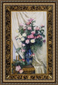 Flowers in a Blue Vase Framed Prints - Peonies in a Blue Vase on a Draped Regency Giltwood Console Table by Albert Aublet