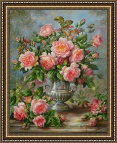 Vase Framed Prints - English Elegance Roses in a Silver Vase by Albert Williams
