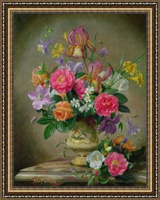 Vase Framed Prints - Peonies And Irises In A Ceramic Vase by Albert Williams