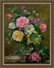 Vase Framed Prints - Roses In A Glass Vase by Albert Williams