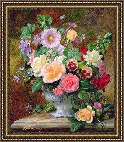 Flowers in a Blue Vase Framed Prints - Roses Pansies And Other Flowers In A Vase by Albert Williams