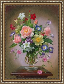 Vase Framed Prints - Roses Peonies And Freesias In A Glass Vase by Albert Williams