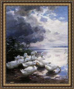 Ducks Framed Paintings - Ducks at The Lakes Edge by Alexander Koester