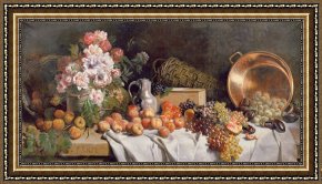 Still Life Framed Prints -  Still life with flowers and fruit on a table by Alfred Petit