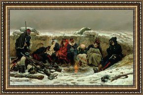 Cold Framed Paintings - In The Trenches by Alphonse Marie de Neuville