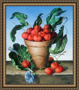 Flowers in a Blue Vase Framed Prints - Cherries in terracotta with blue flower by Amelia Kleiser