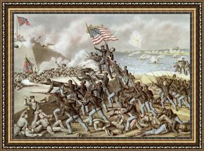 American Framed Prints - Black troops of the Fifty Fourth Massachusetts Regiment during the assault of Fort Wagner by American School