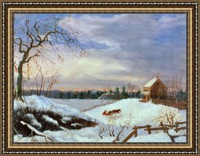 American Framed Prints - Snow scene in New England by American School