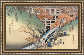 Riverbank Framed Paintings - Red Maple Leaves At Tsuten Bridge by Ando Hiroshige