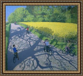 Field of Yellow Irises at Giverny Framed Paintings - Cyclists and Yellow Field by Andrew Macara