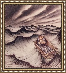 Sea Framed Paintings - Danae and her son Perseus put in a chest and cast into the sea by Arthur Rackham