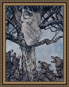 The Fairy Feller's Masterstroke Framed Prints - She Looked With Angry Woe At The Straining And Snarling Horde Below Illustration From Irish Fairy by Arthur Rackham