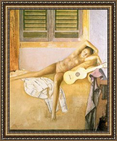 Cubist Nude Orange And Purple Framed Paintings - Nude with a Guitar 1986 by Balthasar Klossowski De Rola Balthus