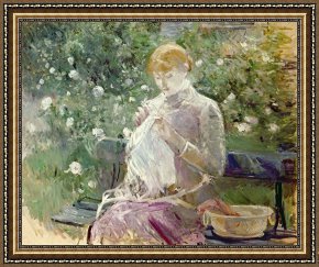 Over The Garden Wall Framed Prints - Pasie sewing in Bougivals Garden by Berthe Morisot