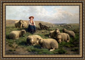 Four Boars in a Landscape Framed Paintings - Shepherdess with Sheep in a Landscape by C Leemputten and T Gerard