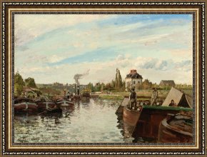 Seine Framed Paintings - Barge on the Seine at Bougival by Camille Pissarro