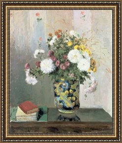 Vase Framed Prints - Chrysanthemums in a Chinese Vase by Camille Pissarro
