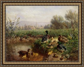 Ducks Framed Paintings - Ducks by a Pond by Carl Jutz
