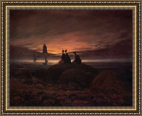 Sea Framed Paintings - Moon Rising Over the Sea by Caspar David Friedrich