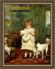 Charles Framed Prints - Girl with Dogs by Charles Burton Barber