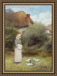 Ducks Framed Paintings - Feeding The Ducks by Charles Edward Wilson