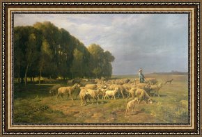 Charles Framed Prints - Flock of Sheep in a Landscape by Charles Emile Jacque