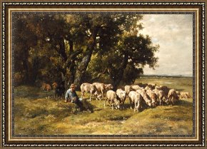 Charles Framed Prints - A shepherd and his flock by Charles Emile Jacques