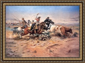 Charles Framed Prints - Cowboys roping a steer by Charles Marion Russell
