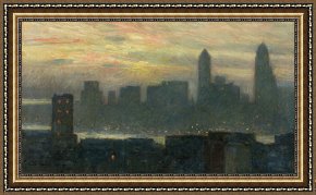 Misty Framed Prints - Manhattans Misty Sunset by Childe Hassam