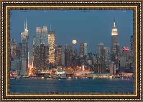 New York City Framed Paintings - Full Moon Rising Over New York City I by Clarence Holmes