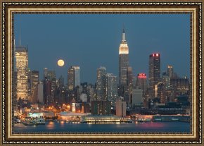 New York City Framed Paintings - Full Moon Rising Over New York City II by Clarence Holmes