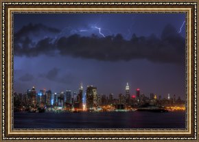 New York City Framed Paintings - Lightning Over New York City I by Clarence Holmes