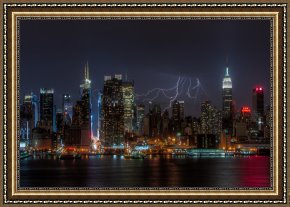 New York City Framed Paintings - Lightning Over New York City III by Clarence Holmes