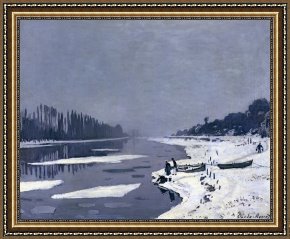 Seine Framed Paintings - Ice on the Seine at Bougival by Claude Monet