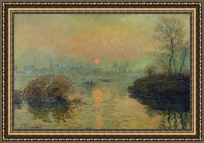Seine Framed Paintings - Sun Setting over the Seine at Lavacourt by Claude Monet