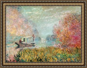 Seine Framed Paintings - The Boat Studio on the Seine by Claude Monet