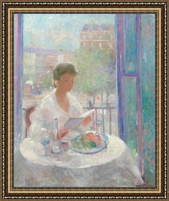 Lady Framed Prints - Lady Reading at an Open Window by Clementine Helene Dufau