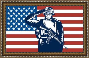 American Framed Prints - American soldier saluting flag by Collection 10