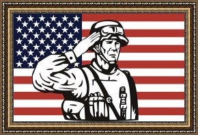 American Framed Prints - American soldier saluting flag by Collection 10