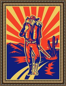 Walking The Plank Framed Paintings - Cowboy with backpack and rifle walking by Collection 10