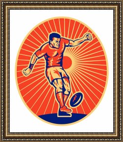 Pianist And Checker Players 1924 Framed Prints - Rugby Player Kicking Ball Woodcut by Collection 10