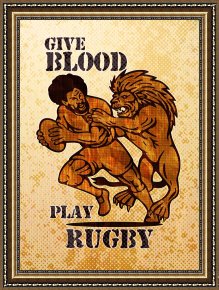 Pianist And Checker Players 1924 Framed Prints - Rugby player running with ball attack by lion by Collection 10