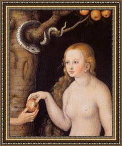 The Garden of Eden Framed Paintings - Eve offering the apple to Adam in the Garden of Eden and the serpent by Cranach