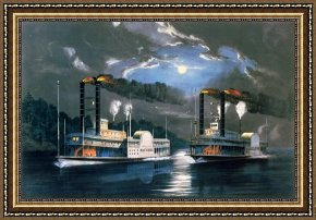 Round Midnight Framed Prints - A Midnight Race on the Mississippi by Currier and Ives