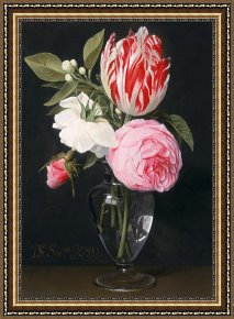 Flowers in a Blue Vase Framed Prints - Flowers In A Glass Vase by Daniel Seghers