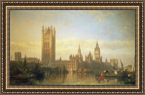 Robert Framed Prints - New Palace of Westminster from the River Thames by David Roberts